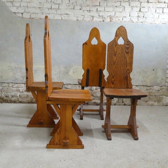 Image 1 of Series Of 9 Gouge-Worked Pine Chairs, 1970