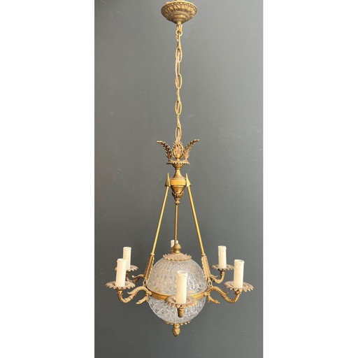Vintage hot air balloon chandelier in bronze and crystal, France 1940