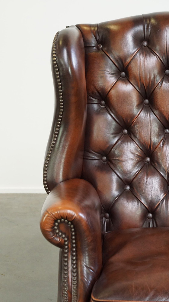 Image 1 of Brown Beef Leather Chesterfield Ear Armchair