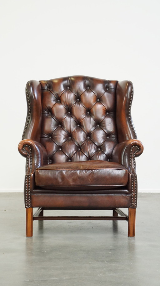 Brown Beef Leather Chesterfield Ear Armchair