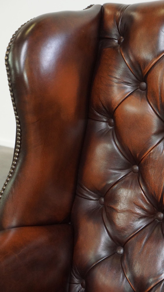 Image 1 of Brown Beef Leather Chesterfield Ear Armchair