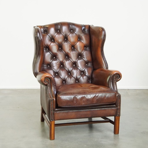 Brown Beef Leather Chesterfield Ear Armchair