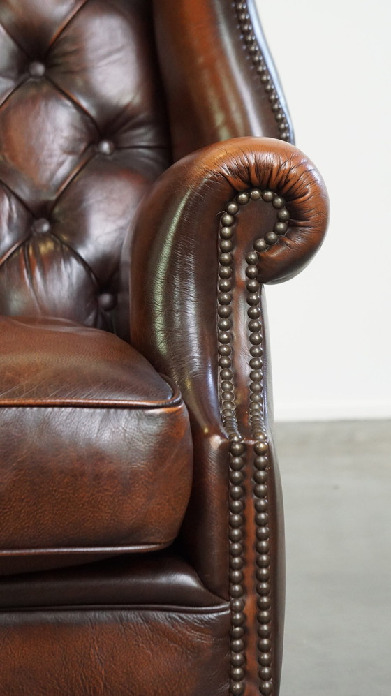 Image 1 of Brown Beef Leather Chesterfield Ear Armchair