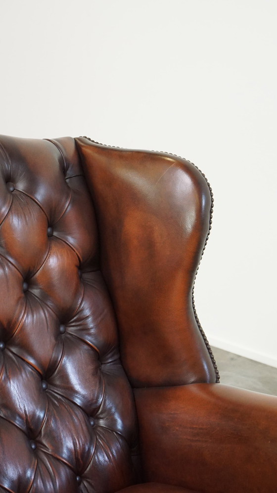 Image 1 of Brown Beef Leather Chesterfield Ear Armchair