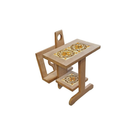 Image 1 of Vintage side table in light oak and ceramic by Guillerme et Chambron