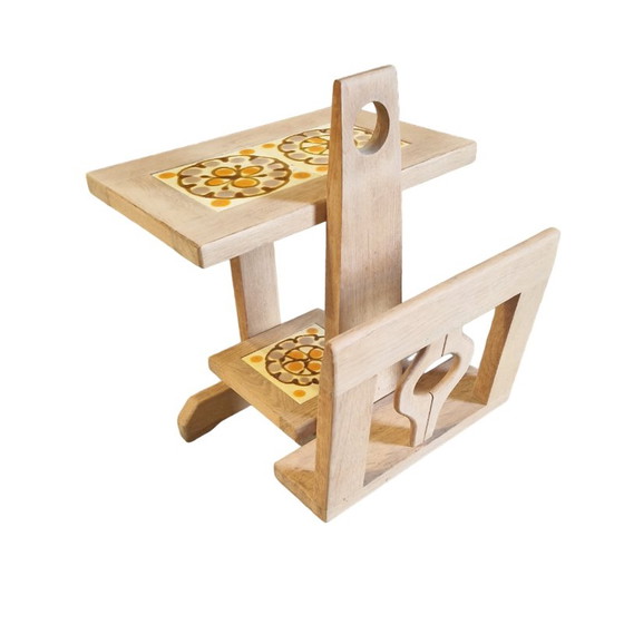 Image 1 of Vintage side table in light oak and ceramic by Guillerme et Chambron