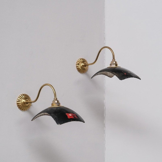 Image 1 of Vintage Mercury reflective glass and brass wall lamps, England