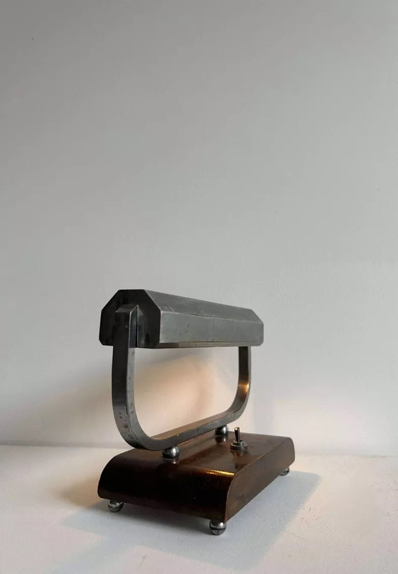Image 1 of Lámpara de escritorio modernista Art Déco de metal cromado y madera, Francia, década de 1930