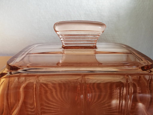 Art deco Leerdam butter dish glass dome pressed glass pink