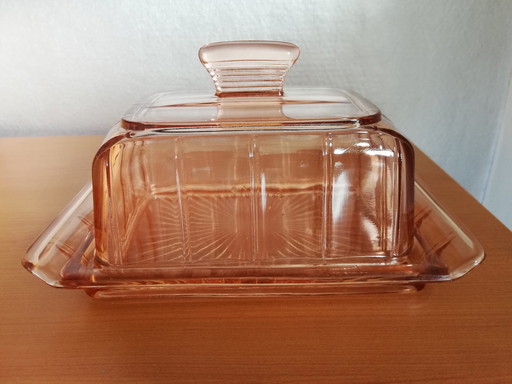 Art deco Leerdam butter dish glass dome pressed glass pink