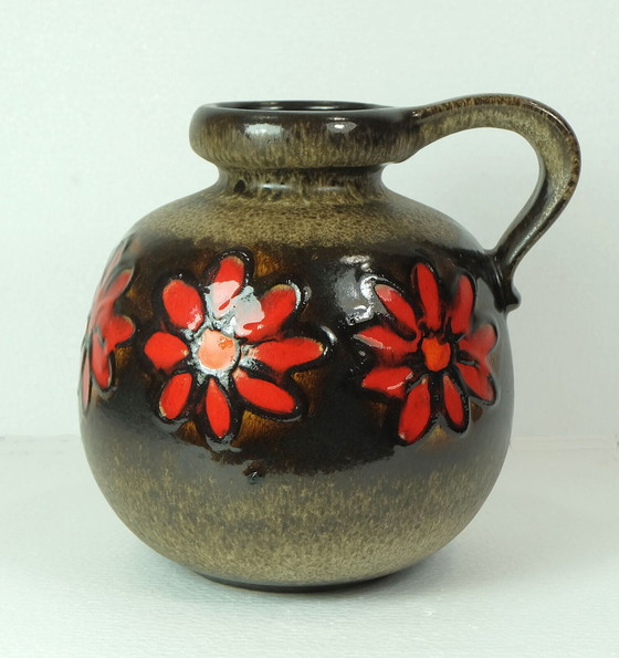 Image 1 of scheurich 1960's 70's vintage retro vase model 484-21 brown glaze red flowers