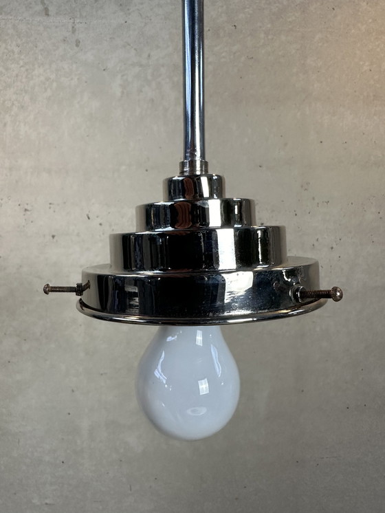 Image 1 of Art Deco Pendant Lamp - Pink Opaline And Chrome