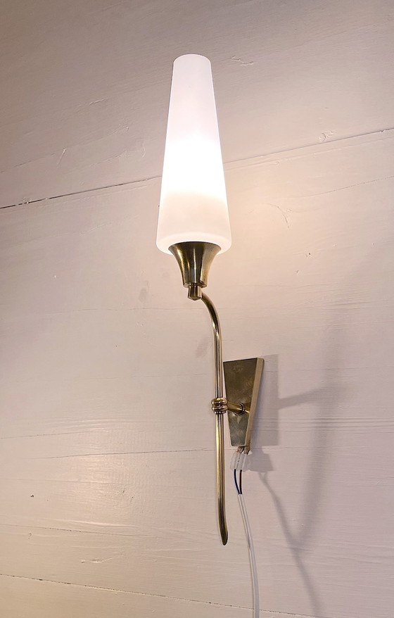 Image 1 of Pair Of Tall Brass And White Opaline Wall Lights, Mid-Century France