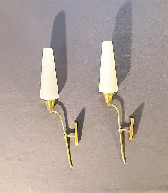 Image 1 of Pair Of Tall Brass And White Opaline Wall Lights, Mid-Century France