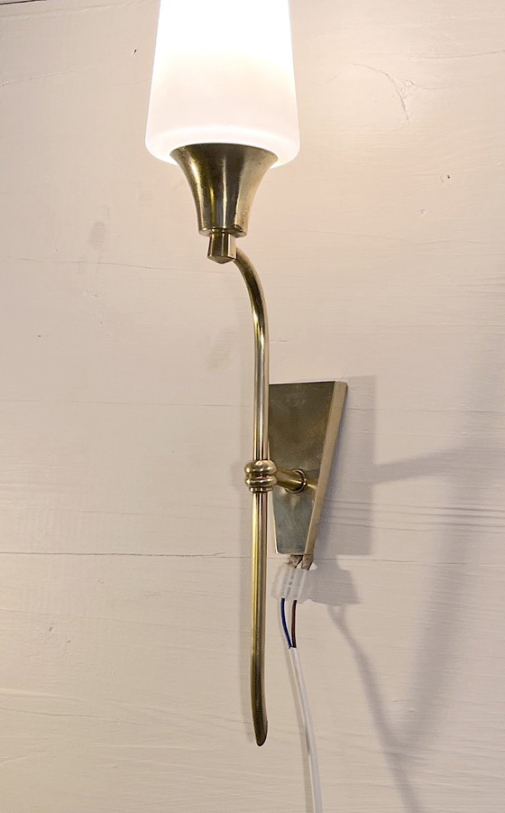 Image 1 of Pair Of Tall Brass And White Opaline Wall Lights, Mid-Century France