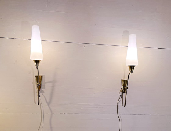 Image 1 of Pair Of Tall Brass And White Opaline Wall Lights, Mid-Century France