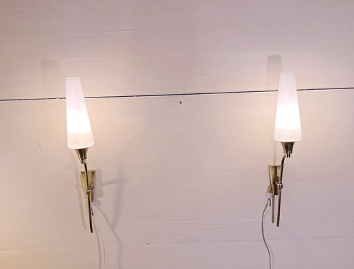 Pair Of Tall Brass And White Opaline Wall Lights, Mid-Century France