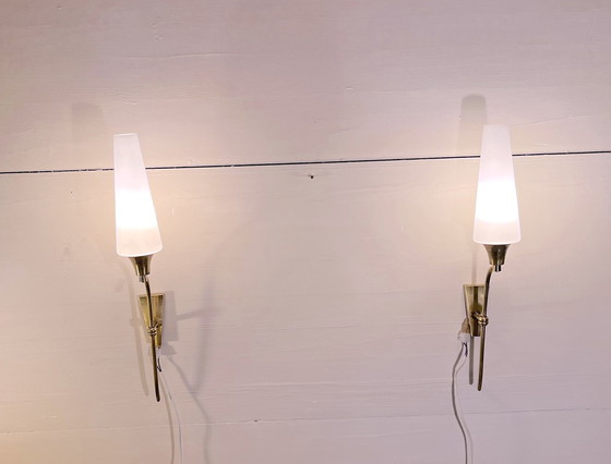 Image 1 of Pair Of Tall Brass And White Opaline Wall Lights, Mid-Century France