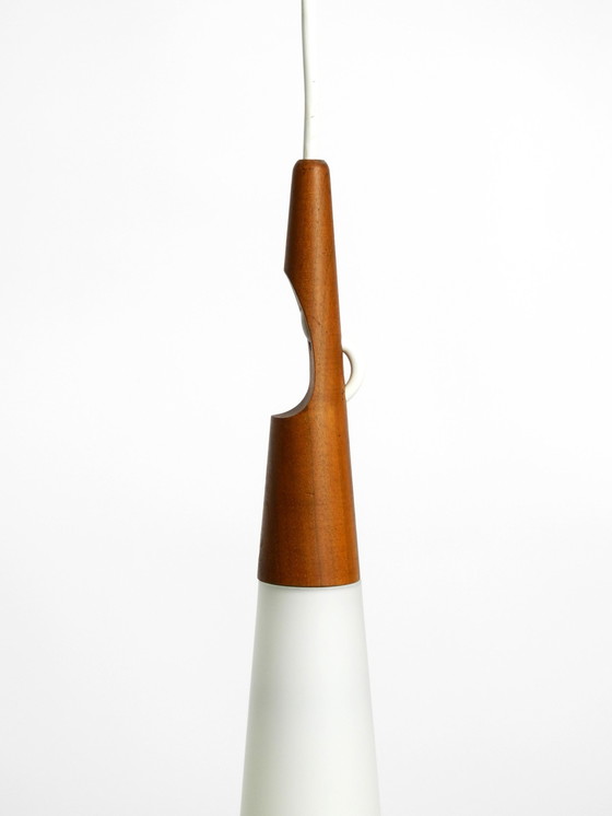 Image 1 of Rare Uno & Östen Kristiansson Pendant Lamp In Opal Glass And Teak | Made By Luxus Vittsjö, Sweden 1957