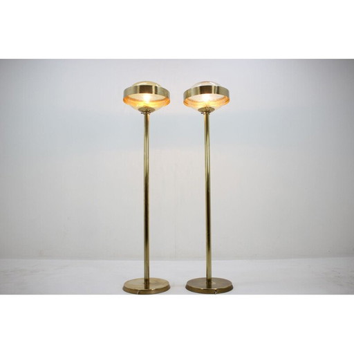 Pair of vintage UFO floorlamps for Kamenicky Senov in glass and brass 1970s