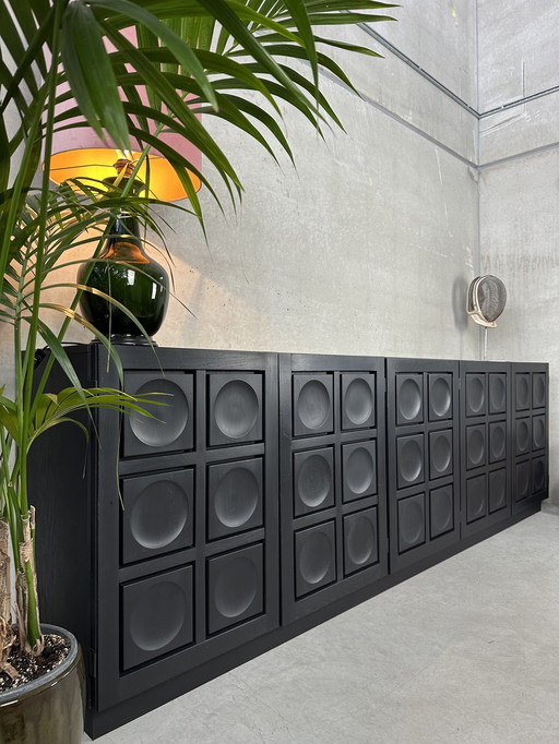 Brutalist Black Stained Oak 5 Doors Sideboard / Credenza