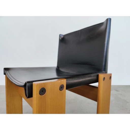 Set of 4 vintage black leather chairs model "Monk" by Afra and Tobia Scarpa for Molteni, Italy 1970s