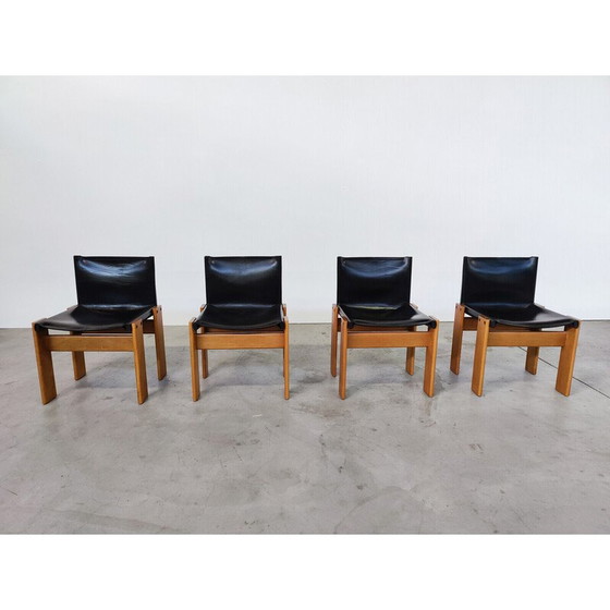 Image 1 of Set of 4 vintage black leather chairs model "Monk" by Afra and Tobia Scarpa for Molteni, Italy 1970s