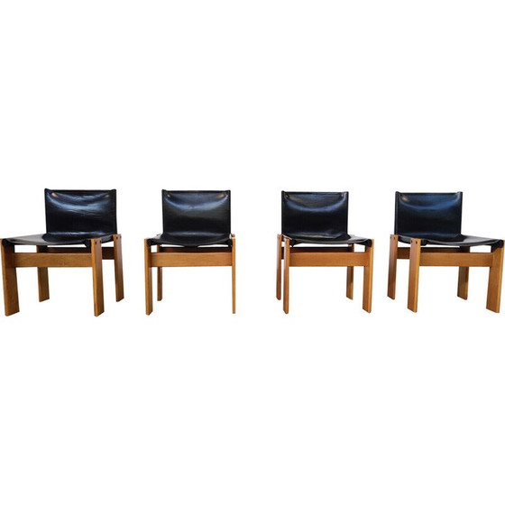 Image 1 of Set of 4 vintage black leather chairs model "Monk" by Afra and Tobia Scarpa for Molteni, Italy 1970s