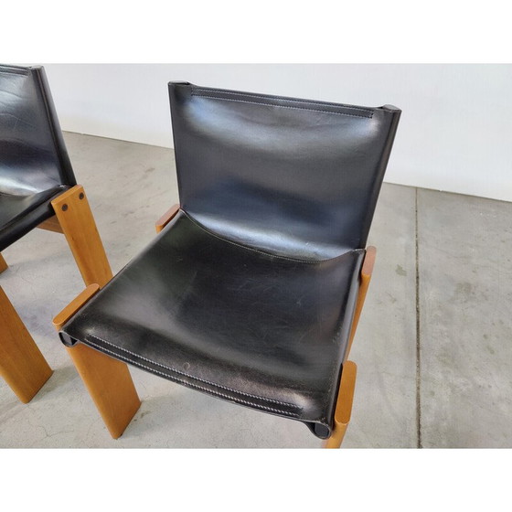 Image 1 of Set of 4 vintage black leather chairs model "Monk" by Afra and Tobia Scarpa for Molteni, Italy 1970s