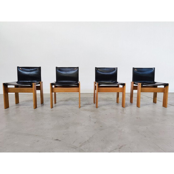 Image 1 of Set of 4 vintage black leather chairs model "Monk" by Afra and Tobia Scarpa for Molteni, Italy 1970s