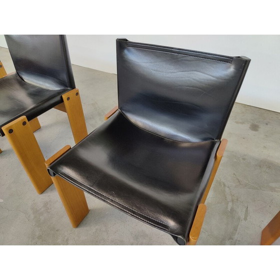 Image 1 of Set of 4 vintage black leather chairs model "Monk" by Afra and Tobia Scarpa for Molteni, Italy 1970s