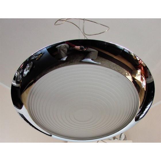 Image 1 of Vintage chrome plated metal, brass and glass pendant lamp by F.Fabien, Italy 1980