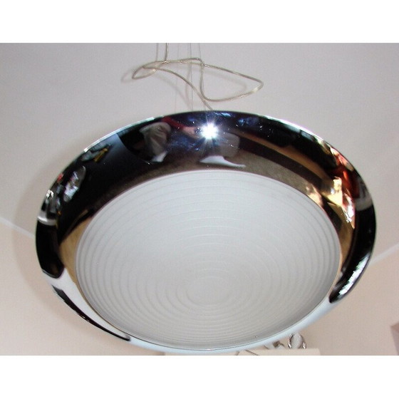 Image 1 of Vintage chrome plated metal, brass and glass pendant lamp by F.Fabien, Italy 1980