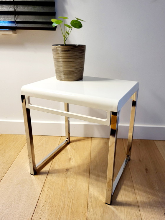 Image 1 of Space Age Side Table, Designer Marc Berthier For Prisunic, Chrome And White Acrylic, 1960s