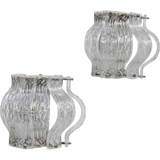 Pair of vintage glass and metal wall lamp, Italy 1970