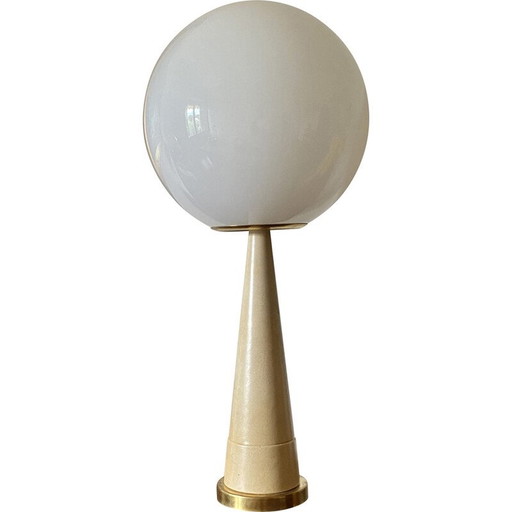 Lampada da tavolo vintage conica in pergamena e ottone, Francia 1960