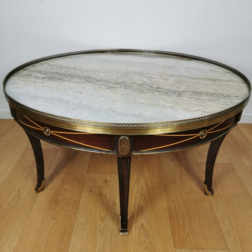 Vintage Neoclassical Round Coffee Table Empire Style With Marble Top