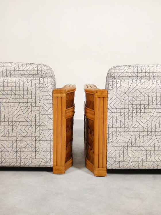 Image 1 of Set Of 2 Bamboo And Rattan Armchairs With Graphic Fabric