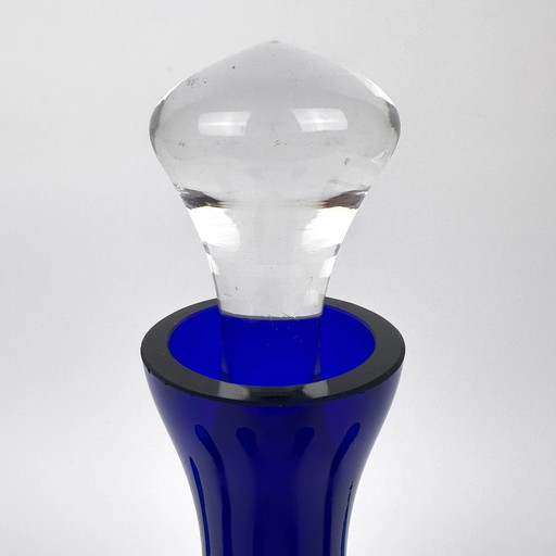 Ensemble eau-de-vie / liqueur bleu cobalt de Bohème des années 1960