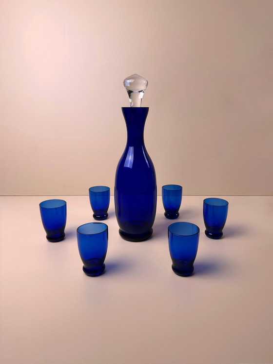 Image 1 of Cobalt blue Bohemian schnapps / liqueur set from the 1960s