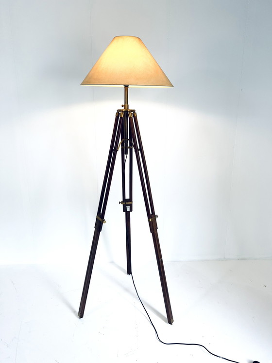 Image 1 of Brass & Teak Tripod Lamp