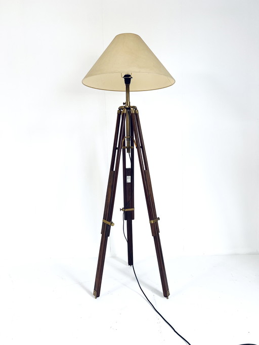 Brass & Teak Tripod Lamp