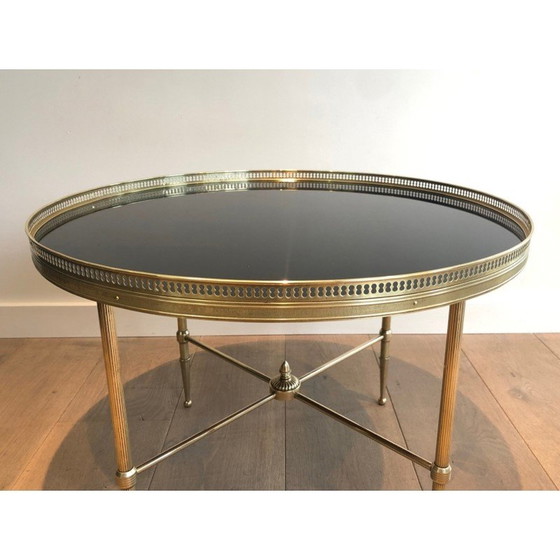 Image 1 of Vintage round coffee table in brass and black lacquered glass for Maison Jansen, France 1940