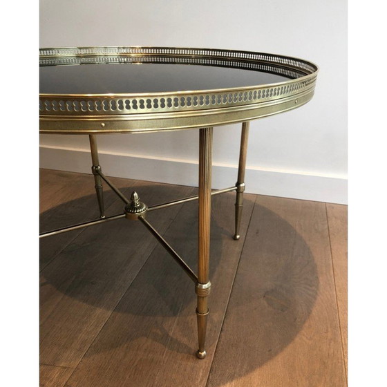 Image 1 of Vintage round coffee table in brass and black lacquered glass for Maison Jansen, France 1940