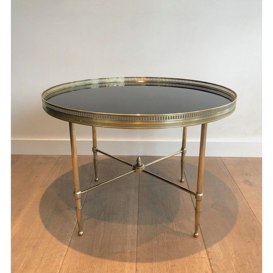 Image 1 of Vintage round coffee table in brass and black lacquered glass for Maison Jansen, France 1940