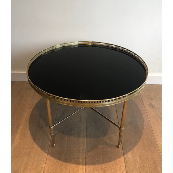 Image 1 of Vintage round coffee table in brass and black lacquered glass for Maison Jansen, France 1940