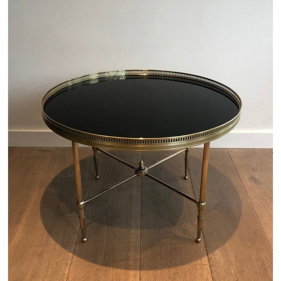 Image 1 of Vintage round coffee table in brass and black lacquered glass for Maison Jansen, France 1940