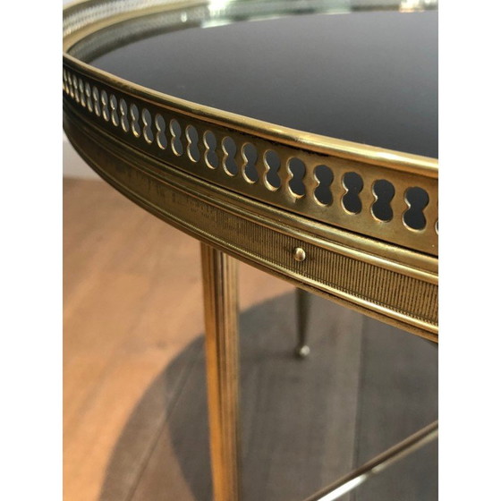 Image 1 of Vintage round coffee table in brass and black lacquered glass for Maison Jansen, France 1940