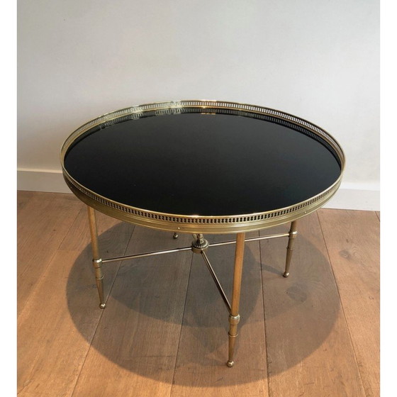 Image 1 of Vintage round coffee table in brass and black lacquered glass for Maison Jansen, France 1940