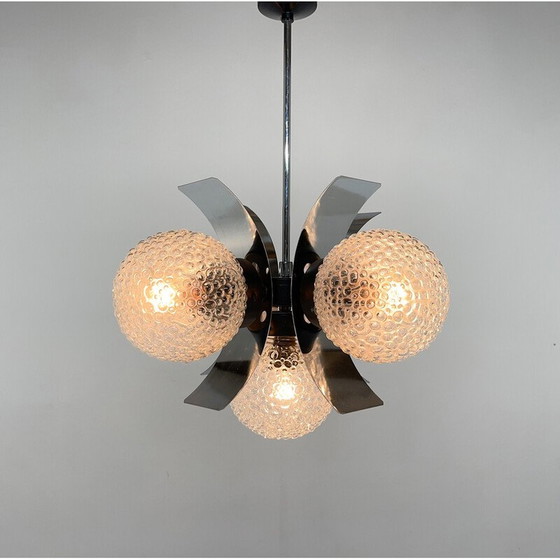Image 1 of Lampadario vintage in vetro e cromo per Elektroinstala Děčín, Cecoslovacchia anni '70